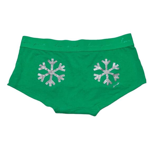 Victoria’s Secret PINK Glitter Snowflake Green Shortie Panty Size Small - Picture 1 of 3